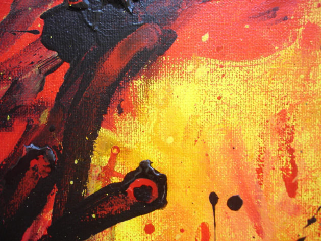 La Chispa en formato miniatura: trazos negros sobre un fondo incandescente de rojo y amarillo.