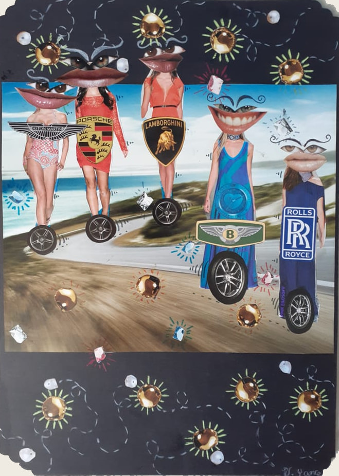 Collage sobre papel negro: cinco figuras recortadas con emblemas de automóviles por vestido avanzan sobre una carretera, entre soles dibujados a mano.