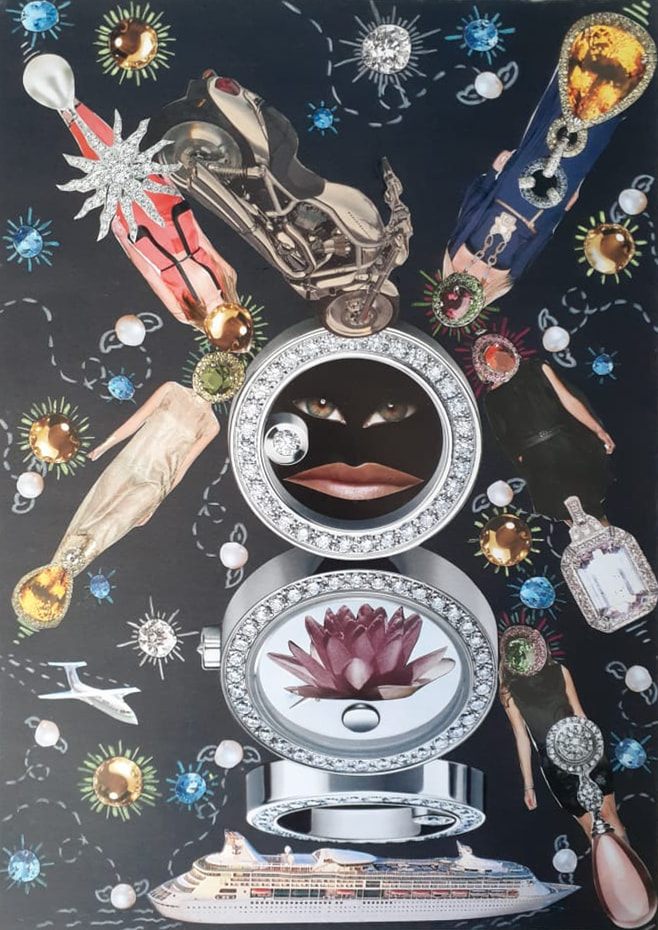 Collage sobre papel negro: una motocicleta, dos esferas de pedrería y recortes de joyería se ordenan alrededor de un rostro fragmentado.