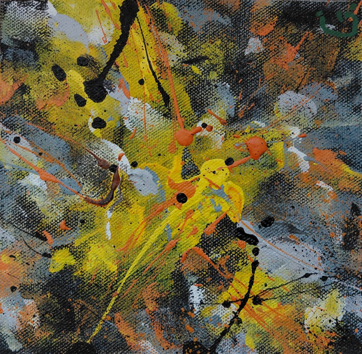 Miniatura de amarillo y naranja intensos estallando sobre gris y negro, con goteos negros gruesos.