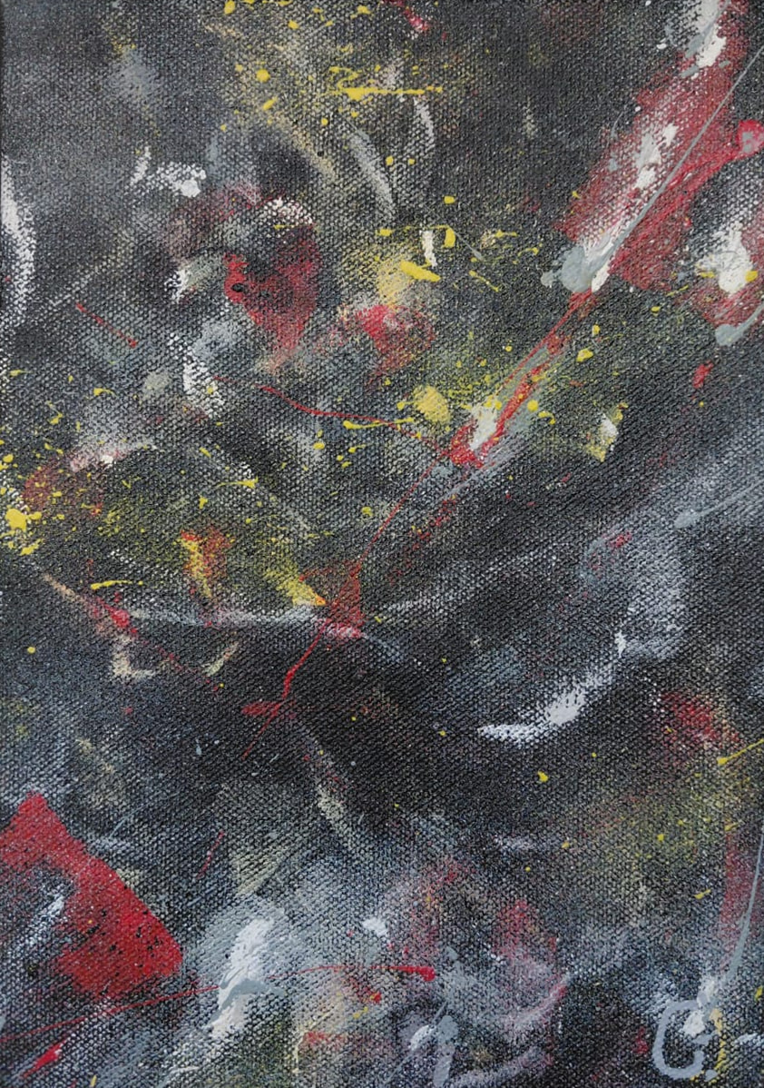 Miniatura en negro y gris recorrida por trazos rojos y blancos.
