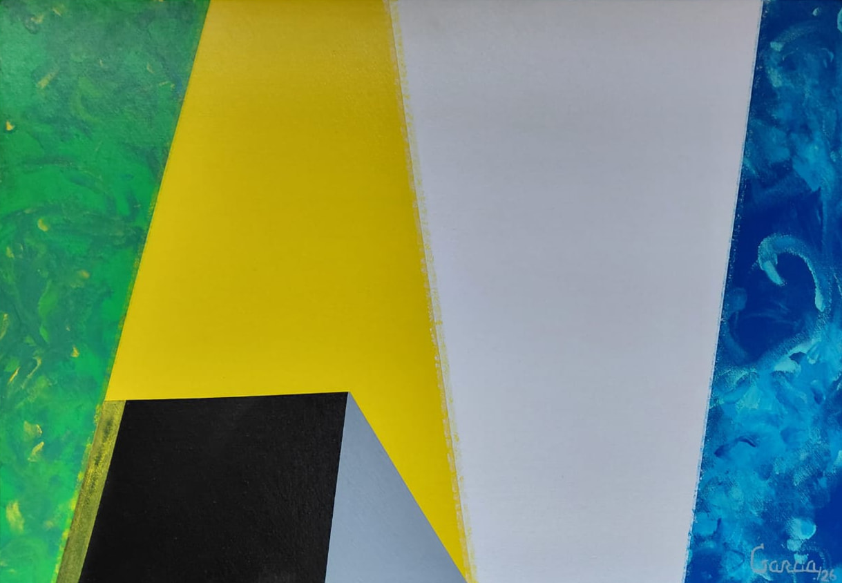 Paisaje, de la serie Proyecto Luz: bloques de verde, amarillo, blanco y azul que sugieren la topografía de un terreno bajo el sol.